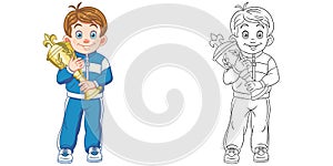 Coloring page with boy with trophy cup